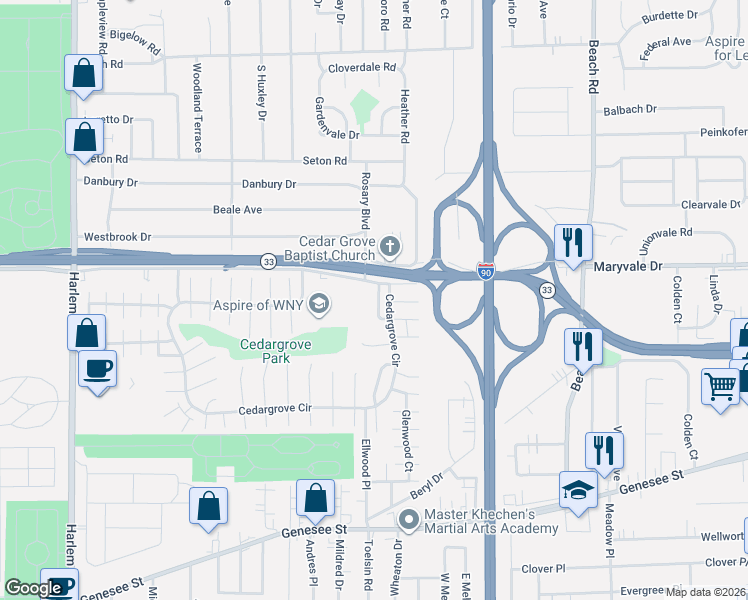 map of restaurants, bars, coffee shops, grocery stores, and more near 9-13 Sandstone Drive in Cheektowaga