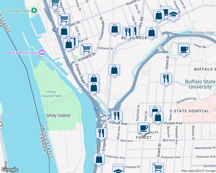 map of restaurants, bars, coffee shops, grocery stores, and more near 72 Tonawanda Street in Buffalo