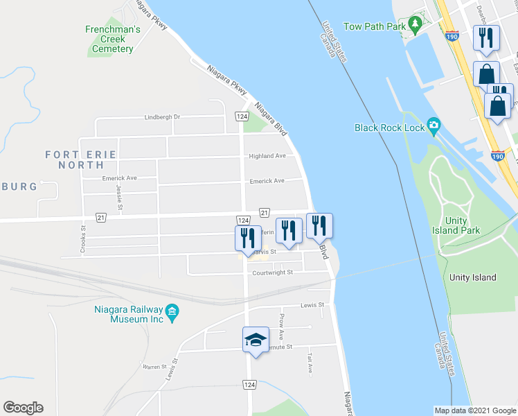 map of restaurants, bars, coffee shops, grocery stores, and more near 51 Niagara 21 in Fort Erie