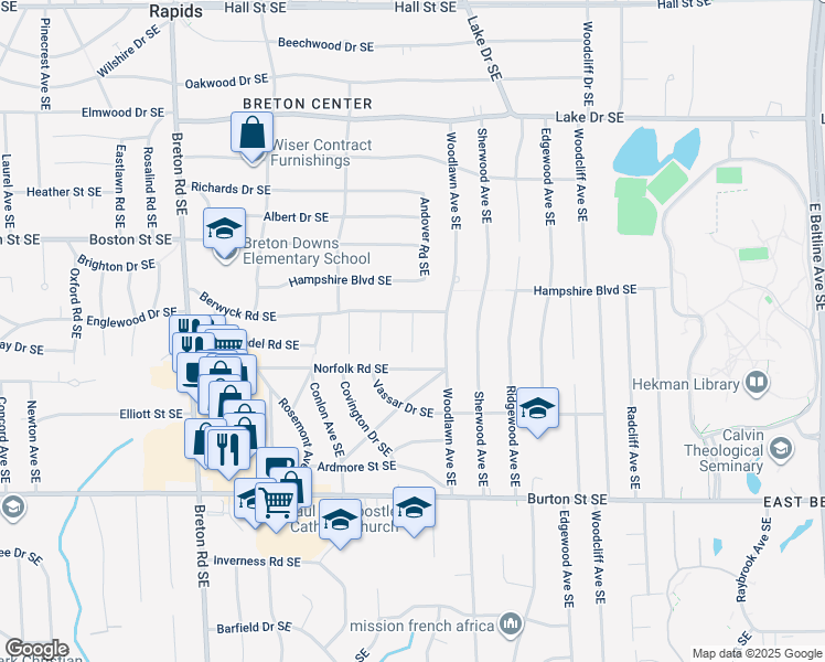map of restaurants, bars, coffee shops, grocery stores, and more near 1730 Andover Lane Southeast in East Grand Rapids