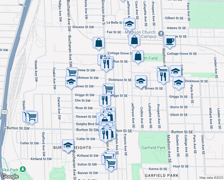 map of restaurants, bars, coffee shops, grocery stores, and more near 1735 Horton Avenue Southeast in Grand Rapids