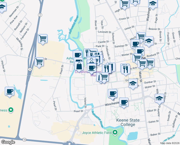map of restaurants, bars, coffee shops, grocery stores, and more near 222 West Street in Keene