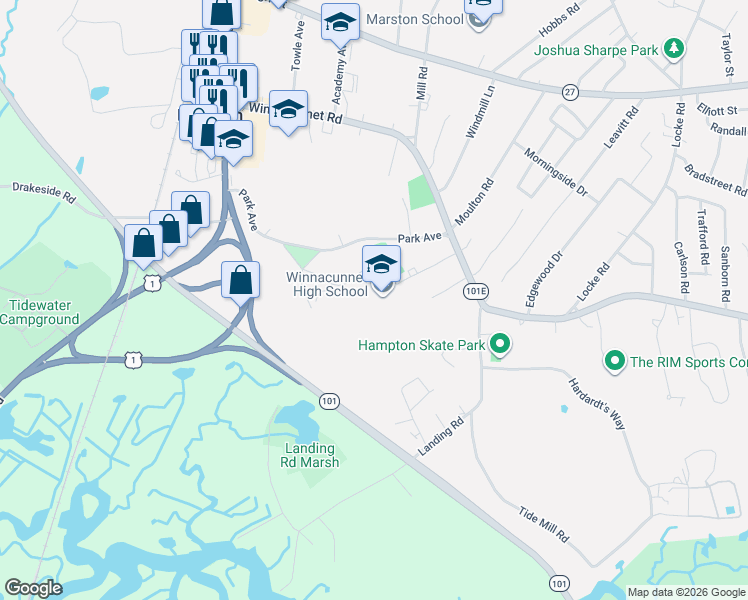 map of restaurants, bars, coffee shops, grocery stores, and more near 1 Alumni Drive in Hampton