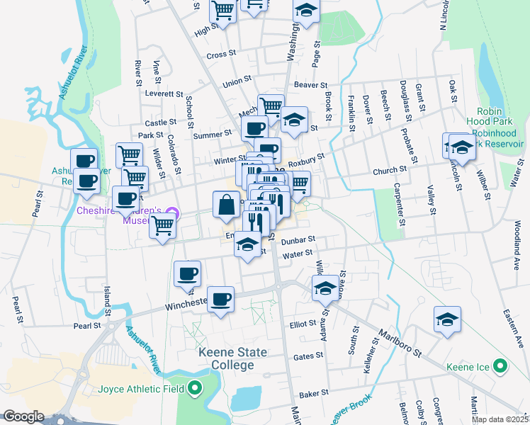 map of restaurants, bars, coffee shops, grocery stores, and more near 101 Main Street in Keene