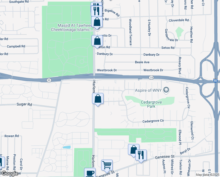 map of restaurants, bars, coffee shops, grocery stores, and more near 15AD Windwood Courts in Buffalo