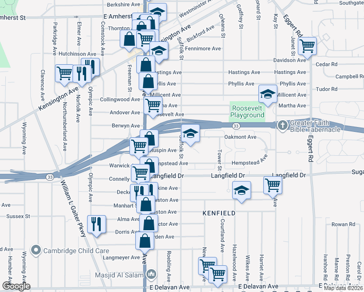 map of restaurants, bars, coffee shops, grocery stores, and more near 319 Suffolk Street in Buffalo
