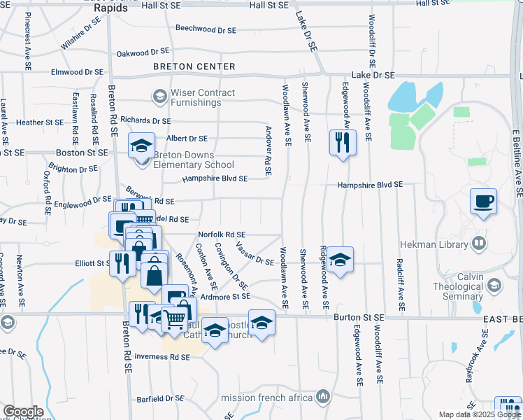 map of restaurants, bars, coffee shops, grocery stores, and more near 1730 Andover Lane Southeast in East Grand Rapids