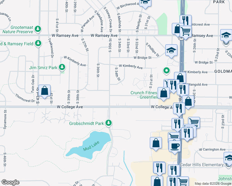 map of restaurants, bars, coffee shops, grocery stores, and more near 3447 West Alvina Avenue in Greenfield