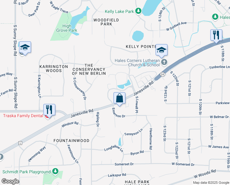 map of restaurants, bars, coffee shops, grocery stores, and more near 12863-12899 West Wynridge Court in New Berlin