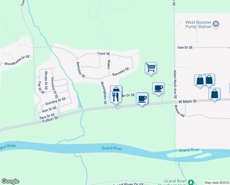 map of restaurants, bars, coffee shops, grocery stores, and more near 11521 Boulder Drive Southeast in Lowell