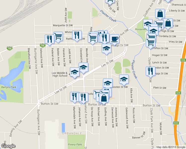 map of restaurants, bars, coffee shops, grocery stores, and more near 1166 Lee Street Southwest in Wyoming