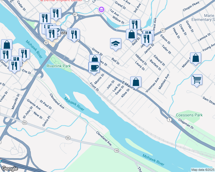 map of restaurants, bars, coffee shops, grocery stores, and more near 31 John Street in Amsterdam