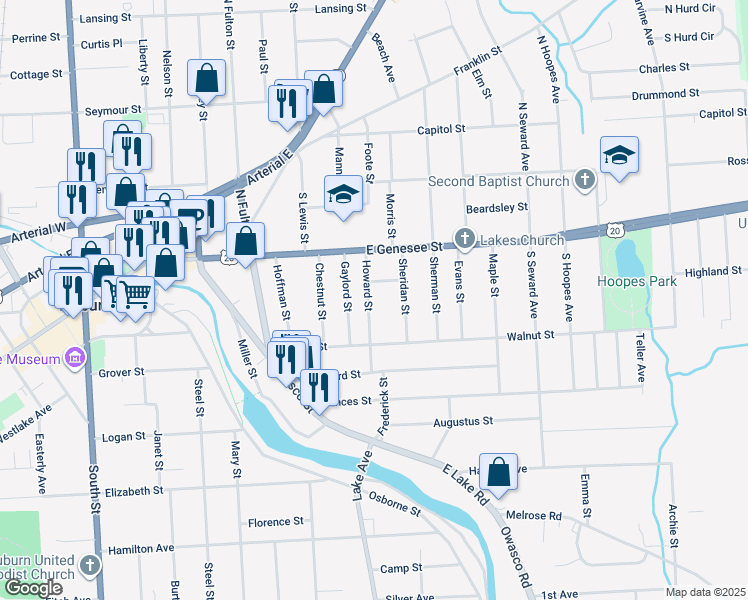 map of restaurants, bars, coffee shops, grocery stores, and more near 23 Howard Street in Auburn