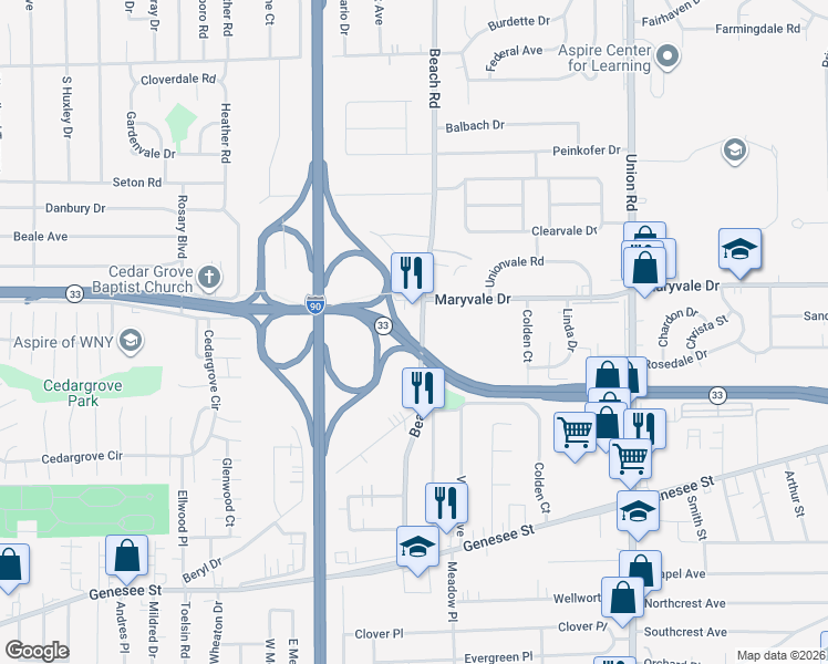 map of restaurants, bars, coffee shops, grocery stores, and more near 393 Beach Road in Buffalo