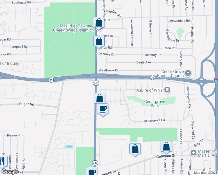 map of restaurants, bars, coffee shops, grocery stores, and more near 15AD Windwood Courts in Buffalo