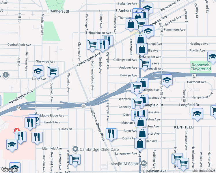 map of restaurants, bars, coffee shops, grocery stores, and more near 607 Norfolk Avenue in Buffalo