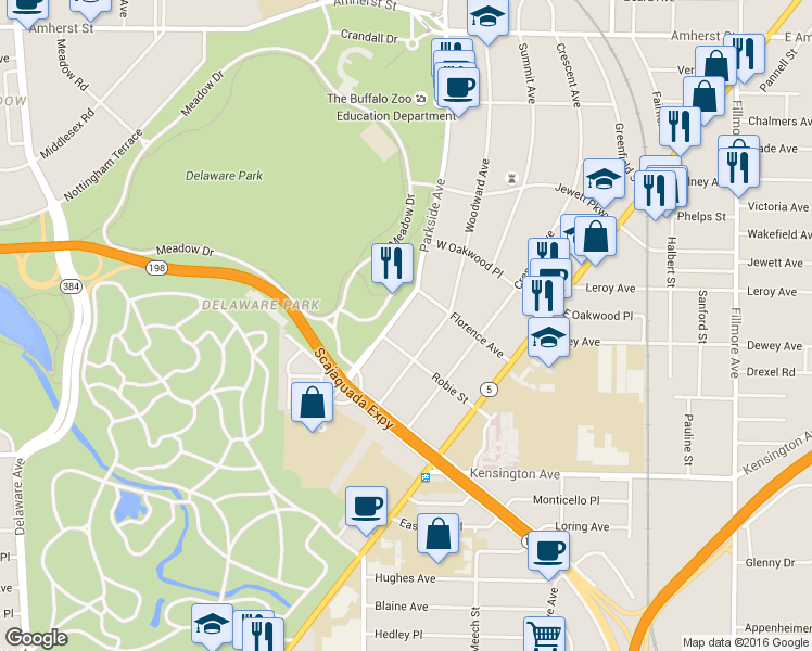 map of restaurants, bars, coffee shops, grocery stores, and more near 76 Woodward Avenue in Buffalo