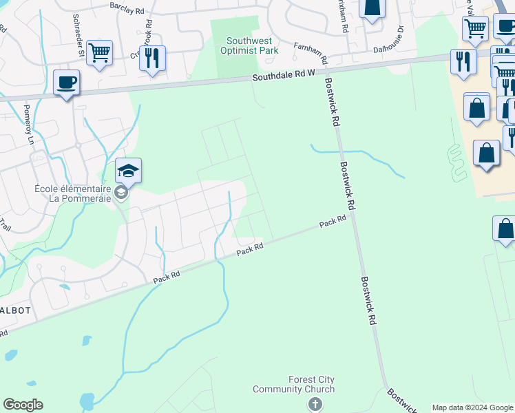map of restaurants, bars, coffee shops, grocery stores, and more near 6493 French Avenue in London