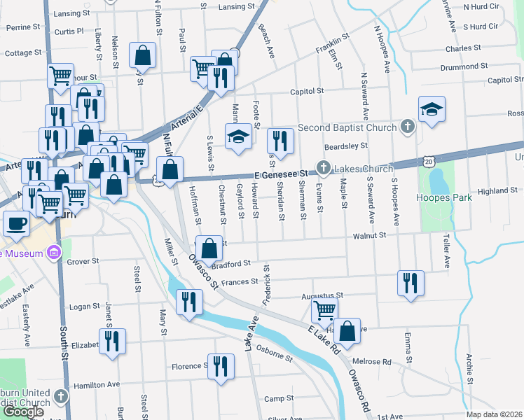 map of restaurants, bars, coffee shops, grocery stores, and more near 23 Howard Street in Auburn