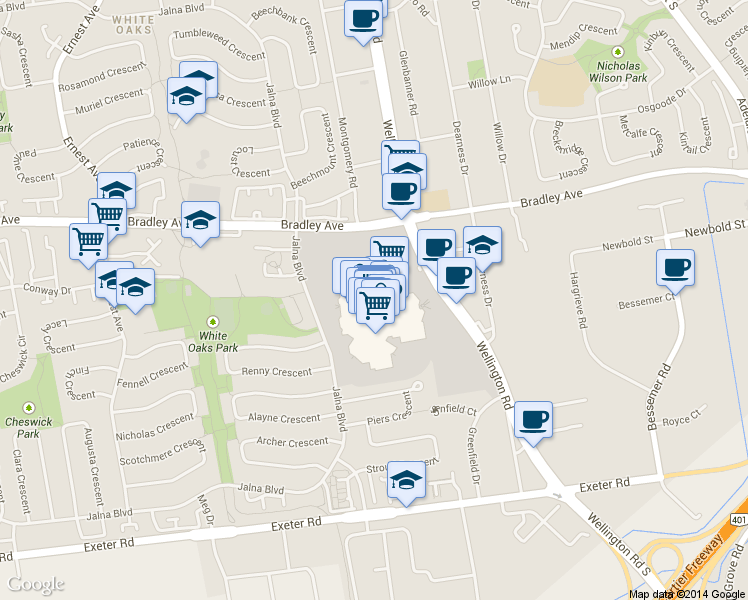 map of restaurants, bars, coffee shops, grocery stores, and more near 1105 Wellington Road in London