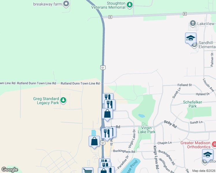 map of restaurants, bars, coffee shops, grocery stores, and more near 1680 Nygaard Street in Stoughton