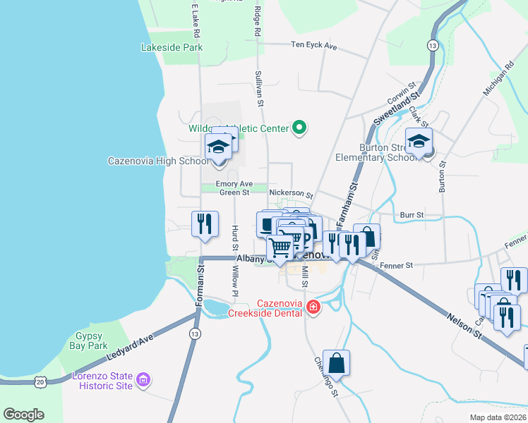 map of restaurants, bars, coffee shops, grocery stores, and more near 10 Sullivan Street in Cazenovia