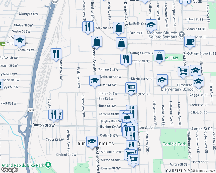 map of restaurants, bars, coffee shops, grocery stores, and more near 110 Brown Street Southwest in Grand Rapids