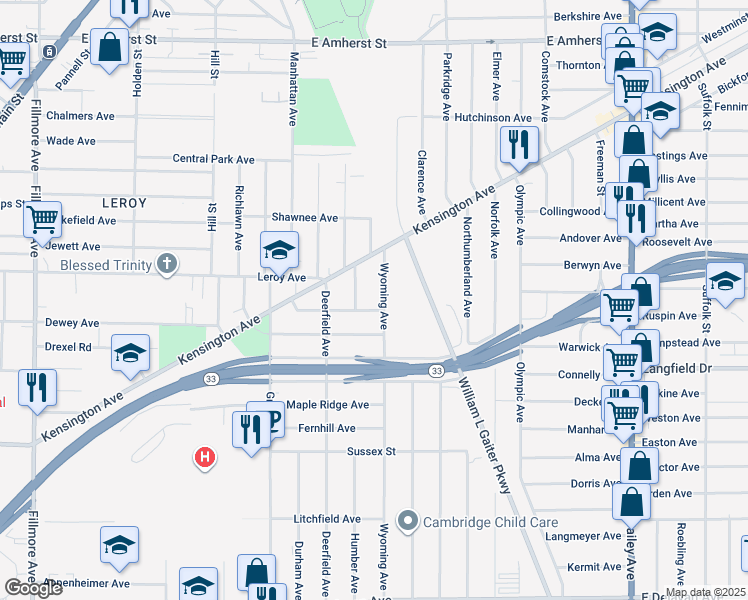 map of restaurants, bars, coffee shops, grocery stores, and more near 91 Mendola Avenue in Buffalo