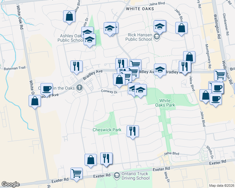 map of restaurants, bars, coffee shops, grocery stores, and more near 69 Conway Drive in London