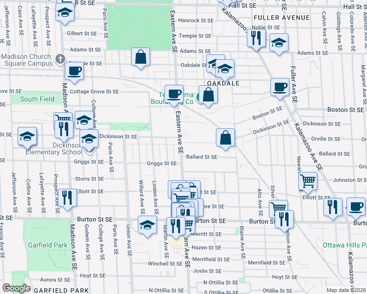 map of restaurants, bars, coffee shops, grocery stores, and more near 1737 Eastern Avenue Southeast in Grand Rapids