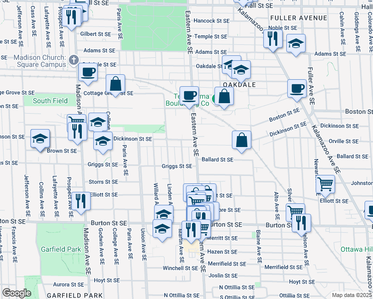 map of restaurants, bars, coffee shops, grocery stores, and more near 1737 Martin Avenue Southeast in Grand Rapids