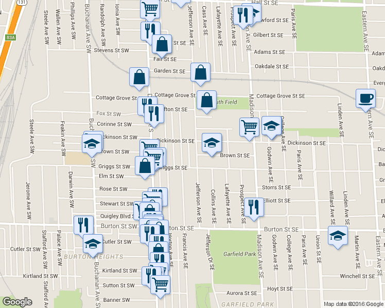 map of restaurants, bars, coffee shops, grocery stores, and more near 1745 Jefferson Avenue Southeast in Grand Rapids