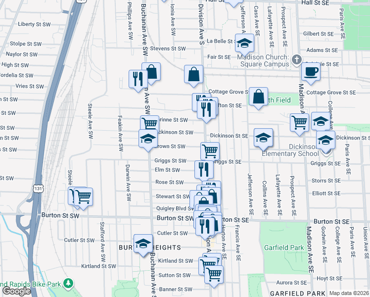 map of restaurants, bars, coffee shops, grocery stores, and more near 29 Griggs Street Southwest in Grand Rapids