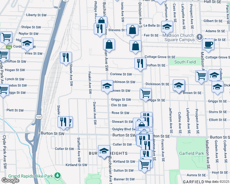 map of restaurants, bars, coffee shops, grocery stores, and more near 143 Griggs Street Southwest in Grand Rapids