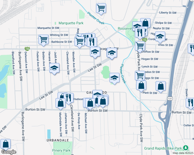 map of restaurants, bars, coffee shops, grocery stores, and more near 1810 Godfrey Avenue Southwest in Wyoming