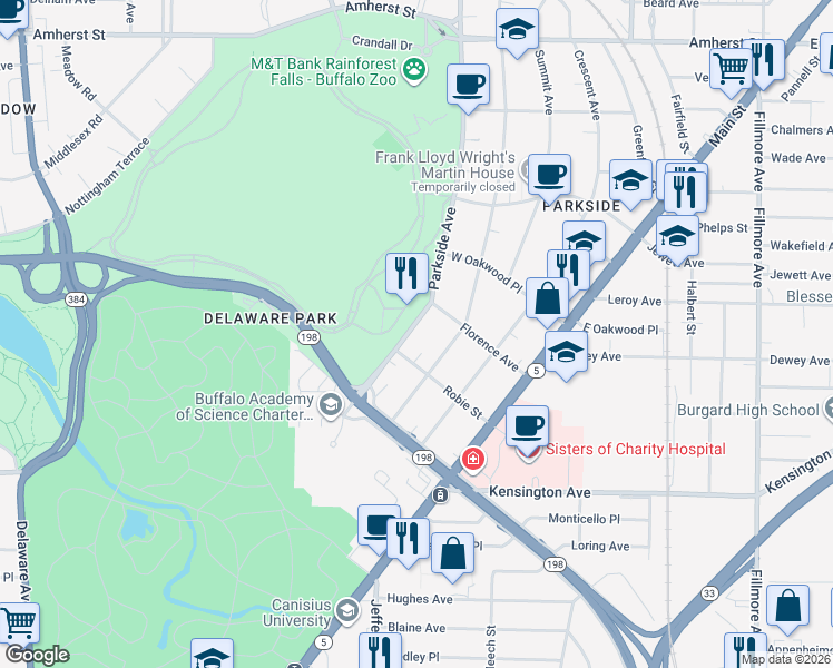map of restaurants, bars, coffee shops, grocery stores, and more near 76 Woodward Avenue in Buffalo