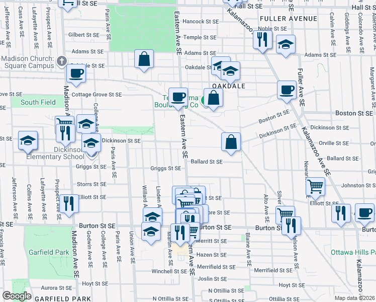 map of restaurants, bars, coffee shops, grocery stores, and more near 1737 Eastern Avenue Southeast in Grand Rapids