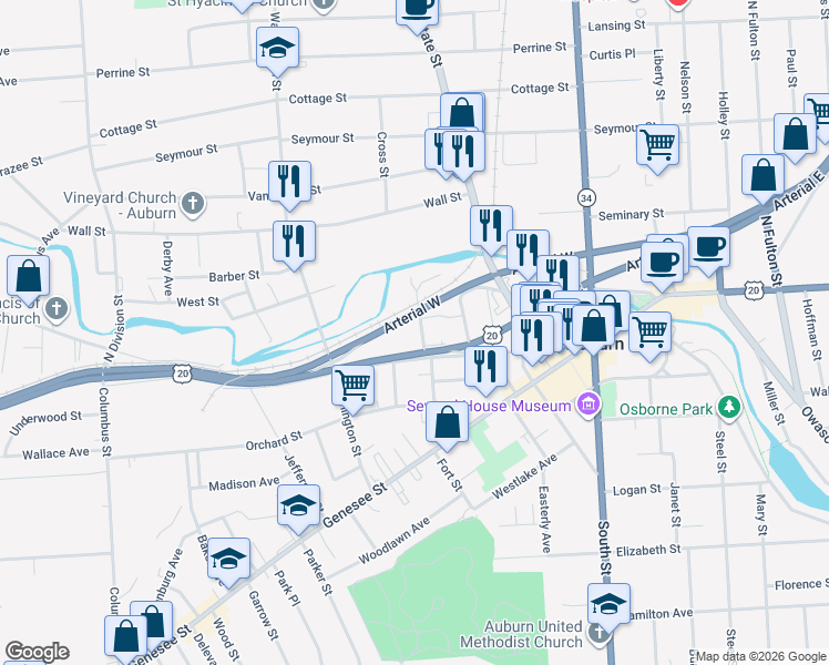 map of restaurants, bars, coffee shops, grocery stores, and more near 9 McMaster Street in Auburn