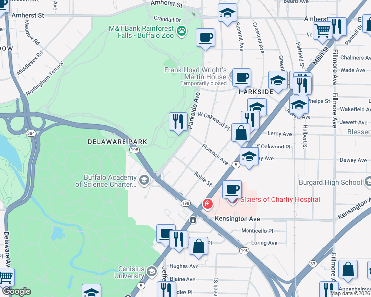 map of restaurants, bars, coffee shops, grocery stores, and more near 76 Woodward Avenue in Buffalo