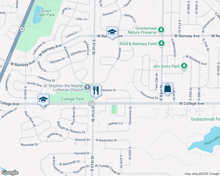 map of restaurants, bars, coffee shops, grocery stores, and more near 5958 Sycamore Street in Greendale
