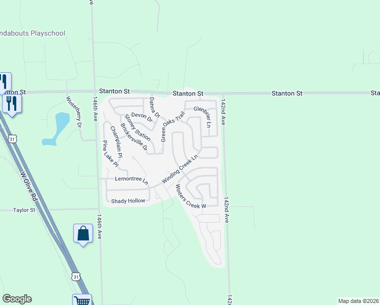 map of restaurants, bars, coffee shops, grocery stores, and more near 14265 Winters Creek East in West Olive