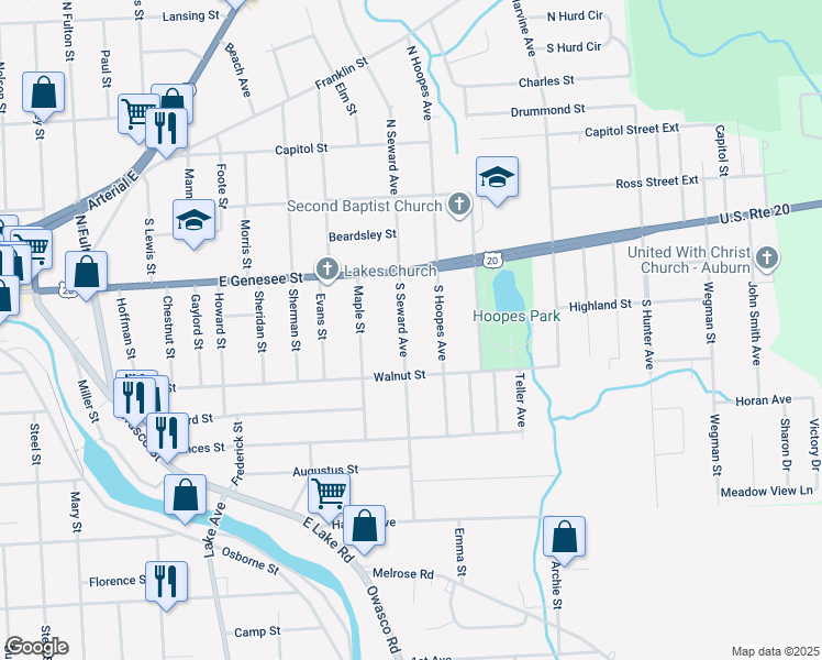map of restaurants, bars, coffee shops, grocery stores, and more near 136 South Seward Avenue in Auburn