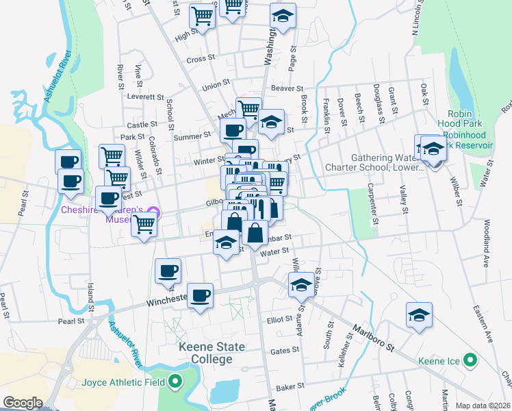 map of restaurants, bars, coffee shops, grocery stores, and more near 108 Main Street in Keene