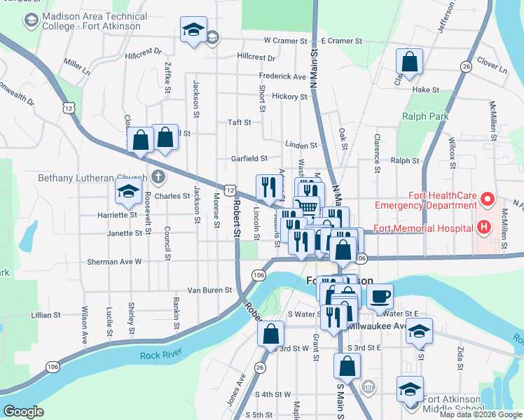 map of restaurants, bars, coffee shops, grocery stores, and more near 318 Lincoln Street in Fort Atkinson