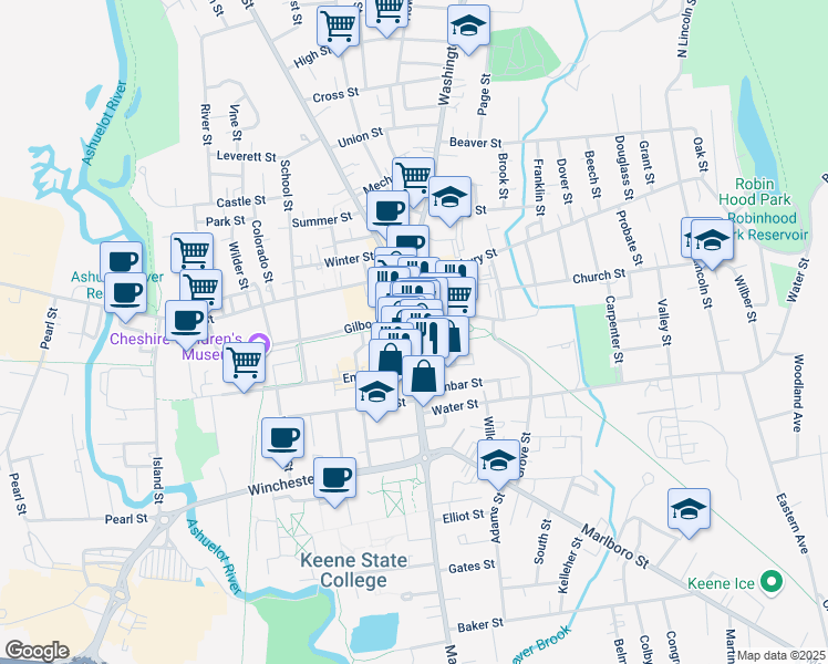 map of restaurants, bars, coffee shops, grocery stores, and more near 108 Main Street in Keene