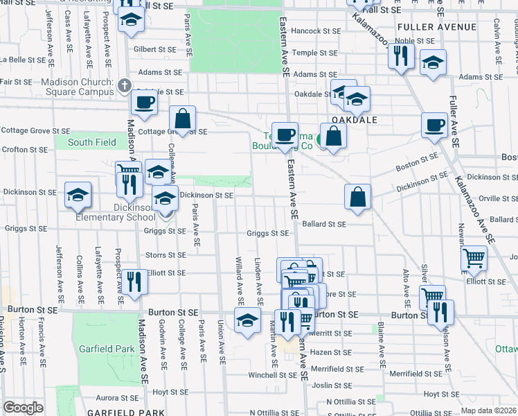 map of restaurants, bars, coffee shops, grocery stores, and more near 1737 Martin Avenue Southeast in Grand Rapids