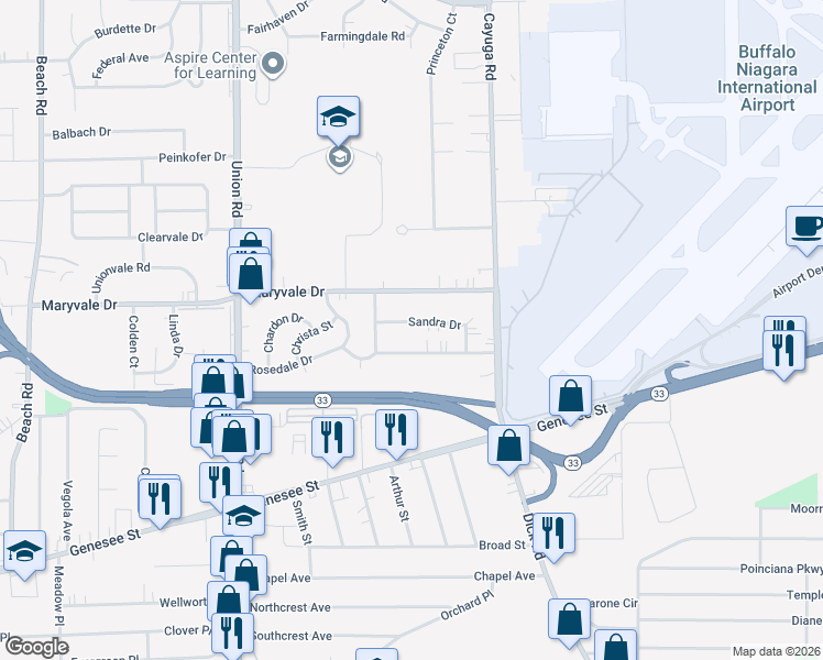 map of restaurants, bars, coffee shops, grocery stores, and more near 54 Rogers Drive in Buffalo