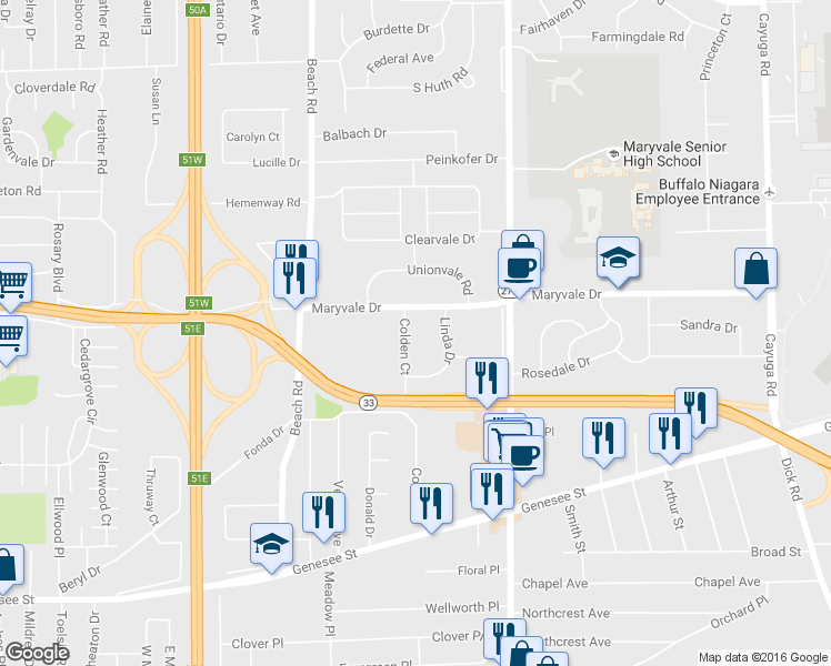 map of restaurants, bars, coffee shops, grocery stores, and more near 41 Colden Court in Buffalo