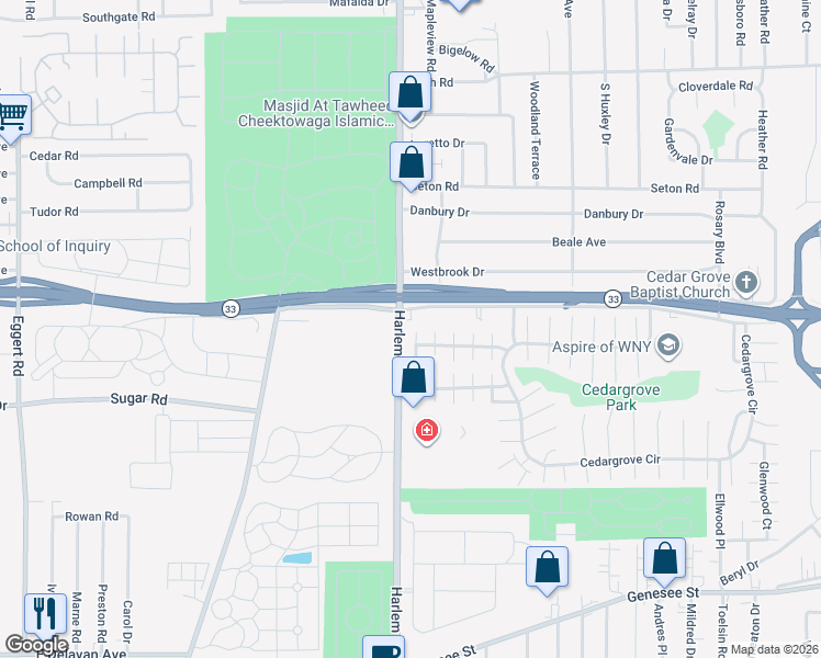 map of restaurants, bars, coffee shops, grocery stores, and more near 31 Windwood Courts in Cheektowaga