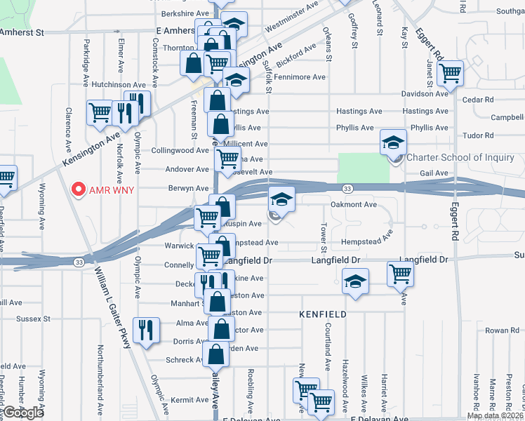 map of restaurants, bars, coffee shops, grocery stores, and more near 57 Ruspin Avenue in Buffalo